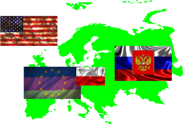 Mapa Eurazji na której są flagi USA, Rosji, Unii Europejskiej połączona z niemiecką oraz polska.
