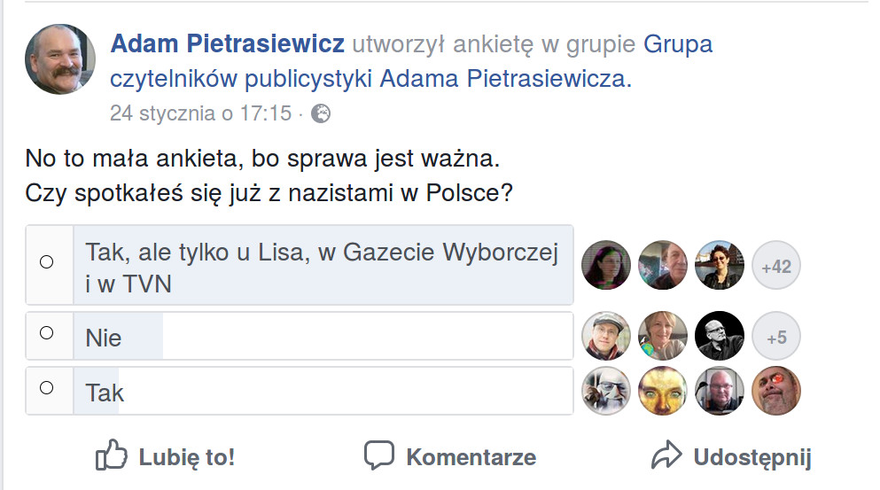 Zrzut ekranu pokazujący ankietę w Facebooku w której na pytanie Czy spotkałeś się w Polsce z naizstami są trzy opdpowiedzi: tak, nie oraz tak, ale tylko w gazecie wyborczej i u lisa